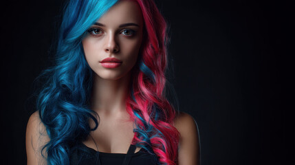 Fototapeta premium Young woman with vibrant blue and pink hair poses against dark background, showcasing her unique hairstyle and striking features. contrast of colors adds bold and artistic flair to image