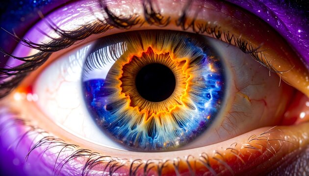 Close-up of eye with vibrant, cosmic iris