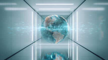 Digital globe floating in a futuristic corridor with data streams and illuminated walls