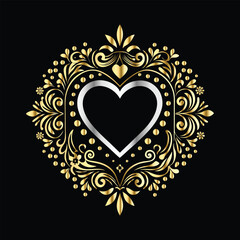 Wedding icon with heart and flower. Vector illustration on black background.