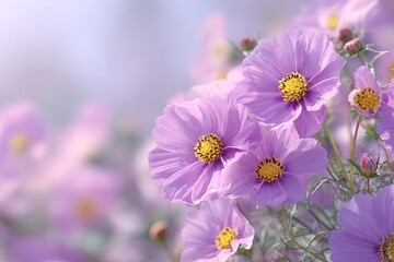Delicate lavender cosmos flowers in a garden setting.