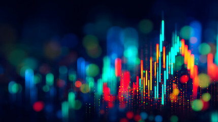 Colorful abstract data visualization with glowing vertical bars and bokeh background