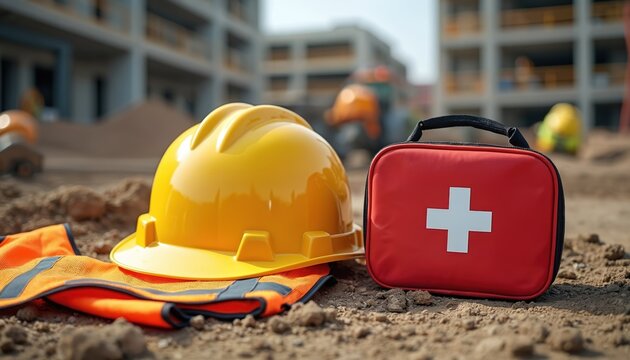 Yellow hard hat, orange safety vest, red first-aid kit on construction site ground. Tools, equipment, building in background. Emphasizes worker protection, emergency readiness, site safety protocols.