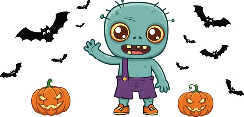 zombie, cartoon, Halloween, character, pumpkin, bat, spooky, scary, creepy, eerie, illustration, vector, design, icon, child, playful, waving, stitched, overalls, sneakers