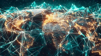 Global network connections overlaying illuminated Earth at night