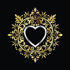 Wedding icon with heart and flower. Vector illustration on black background.