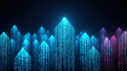 Digital art showcases glowing blue and pink arrows made of binary code, creating futuristic and technological atmosphere. vibrant colors and sharp shapes evoke sense of innovation and progress