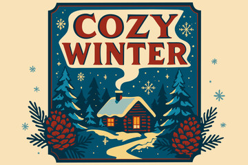 Cozy winter vector poster. Night winter rural landscape