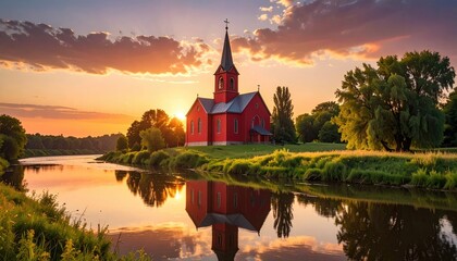 Obraz premium Red Wooden Church Reflecting in River at Sunset with Trees Grass and Dramatic Sky Warm Light Reflection Tranquil Scene Spiritual Place of Worship