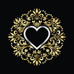 Wedding icon with heart and flower. Vector illustration on black background.