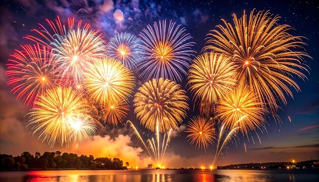 Fireworks over a lake at night