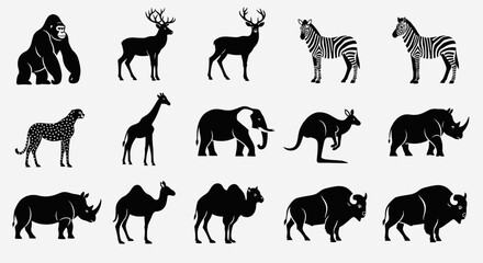 Fototapeta premium A collection of black and white animal silhouettes including mammals and ungulates in various poses