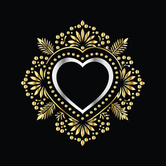 Wedding icon with heart and flower. Vector illustration on black background.