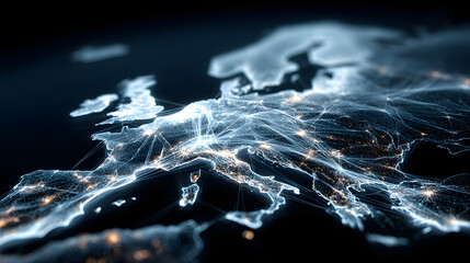 Glowing connections illuminate a digital map of Europe, representing global connectivity and technological transformation within the European Union