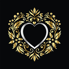 Wedding icon with heart and flower. Vector illustration on black background.