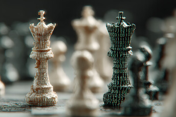 Abstract chessboard background featuring binary code king piece cyber security and big data theme