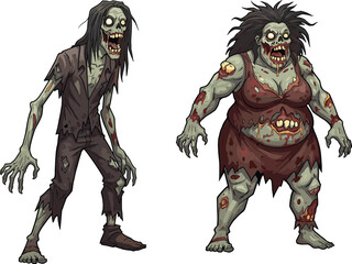 zombie, cartoon, horror, undead, monster, couple, green skin, scary, creepy, Halloween, apocalypse, infected, wounds, boils, grotesque, stylized, illustration, vector, character, design, eerie