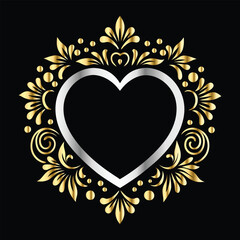 Wedding icon with heart and flower. Vector illustration on black background.