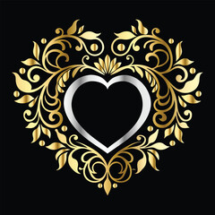 Wedding icon with heart and flower. Vector illustration on black background.