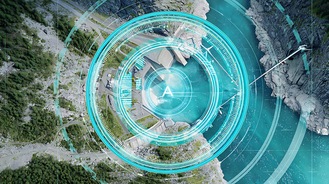 Aerial view of a river canyon with futuristic digital interface overlay