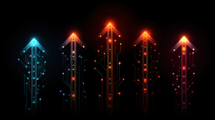 Digital arrows with glowing lights represent progress and innovation, showcasing blend of blue and red colors against dark background. design symbolizes technology and advancement