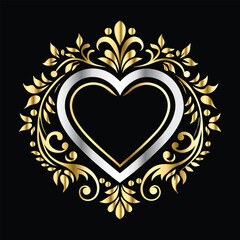 Wedding icon with heart and flower. Vector illustration on black background.