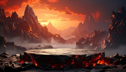 Lava mountain landscape with a circular rock platform