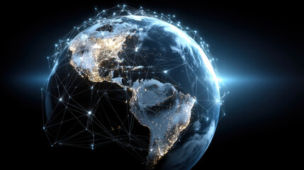 Stunning view of Earth illuminated at night, showcasing continents and city lights connected by glowing lines, symbolizing global connectivity and technology