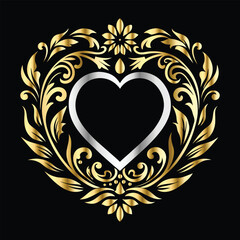Wedding icon with heart and flower. Vector illustration on black background.