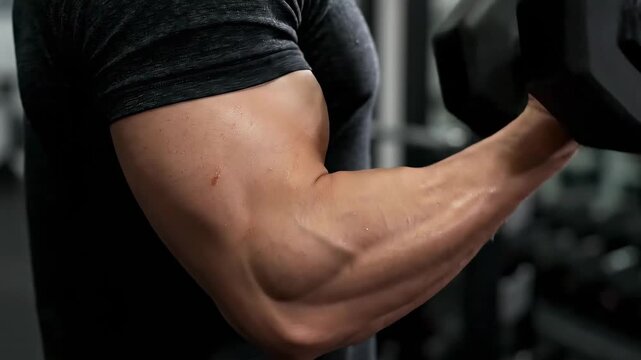 Close up of muscular arm lifting dumbbell in gym.