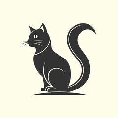 Black Domestic Cat Silhouette Drawing – Sitting Feline with Long Tail and Big Eyes, Pet Animal Vector Illustration, Kitty Outline Art, Cute Cat Graphic Design for Decoration and Print