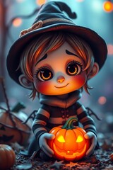 little girl with pumpkin halloween illustration