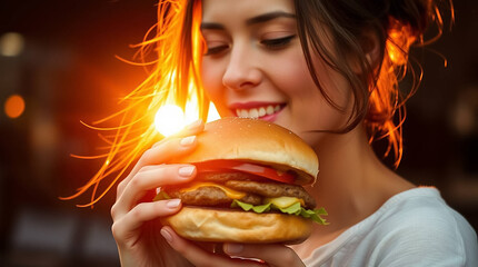 young woman with hamburger