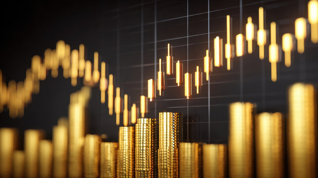 Financial chart displaying upward trends with golden bars and candlestick patterns, symbolizing growth and investment opportunities in market - Powered by Adobe