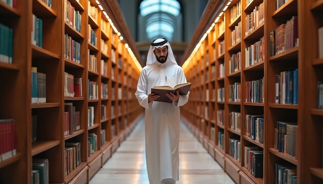 Saudi Arabian student in traditional white robe walks through library aisle holding open book. Tall wooden bookshelves filled with literature line both sides of corridor. Scholar engages in learning,