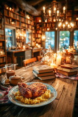 Crispy fried chicken on a plate on a table in a room with books and candles.