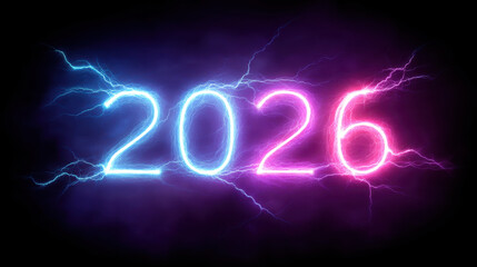 Bright neon numbers 2026 illuminated with electric blue and pink colors, surrounded by dynamic lightning effects, creating vibrant and energetic atmosphere