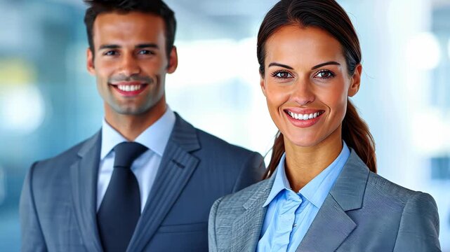 Professional Duo: A smartly dressed business man and woman radiating confidence and approachability. A portrait capturing the essence of business acumen and collaborative success. 