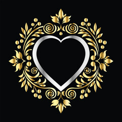 Wedding icon with heart and flower. Vector illustration on black background.