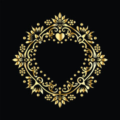 Wedding icon with heart and flower. Vector illustration on black background.