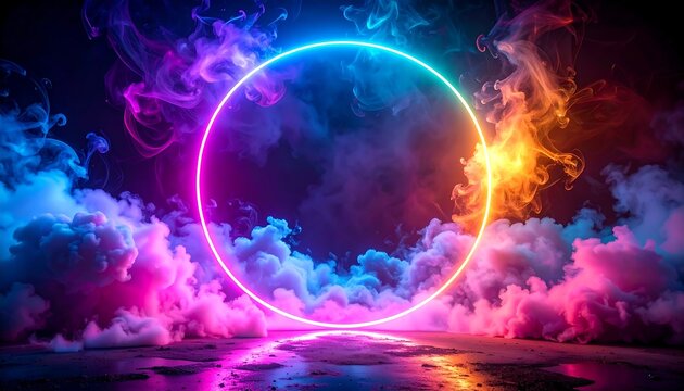 Glowing neon circle in colorful smoke