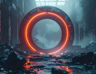 Futuristic ring in a wrecked building