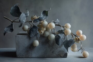 Fototapeta premium Ornamental Berries On Branch Against Stone Block