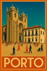 Travel poster for Porto, Portugal featuring the Porto Cathedral 