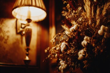 Dried flowers and a vintage wall sconce in a dimly lit room.