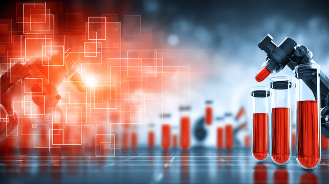 Laboratory test tubes with red liquid and scientific equipment against a digital background