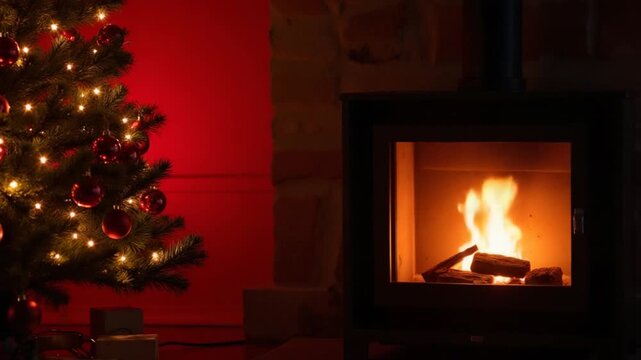 Fireplace of a modern design next to the Christmas tree. Burning firewood in mantel in the living room at Christmas. Coziness and relaxation in winter holidays. Red lighting. Vertical