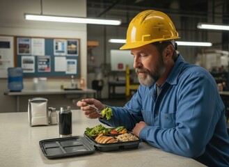 bearded caucasian male worker in hard hat enjoys nutritious meal during his lunch break in factory. man eating balanced diet. healthy lifestyle and wellness concept.