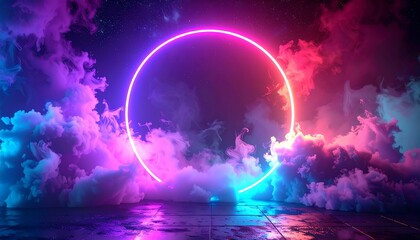 Glowing neon circle in vibrant clouds