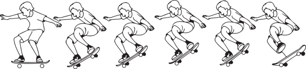 illustrative vector of a skateboarder performing an ollie trick in five frame motion sequence